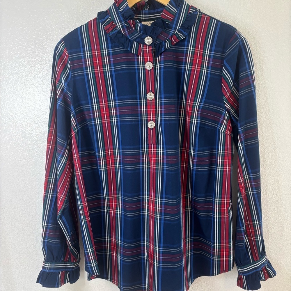 St. John's Bay Plaid Ruffle Collar Shirt With Rhinestone Buttons Size M